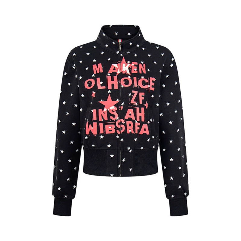 Women's Short Zipper Sweat Jacket with Stand-Up Collar, Allover Star Print and Statement Front Print Chichicherry