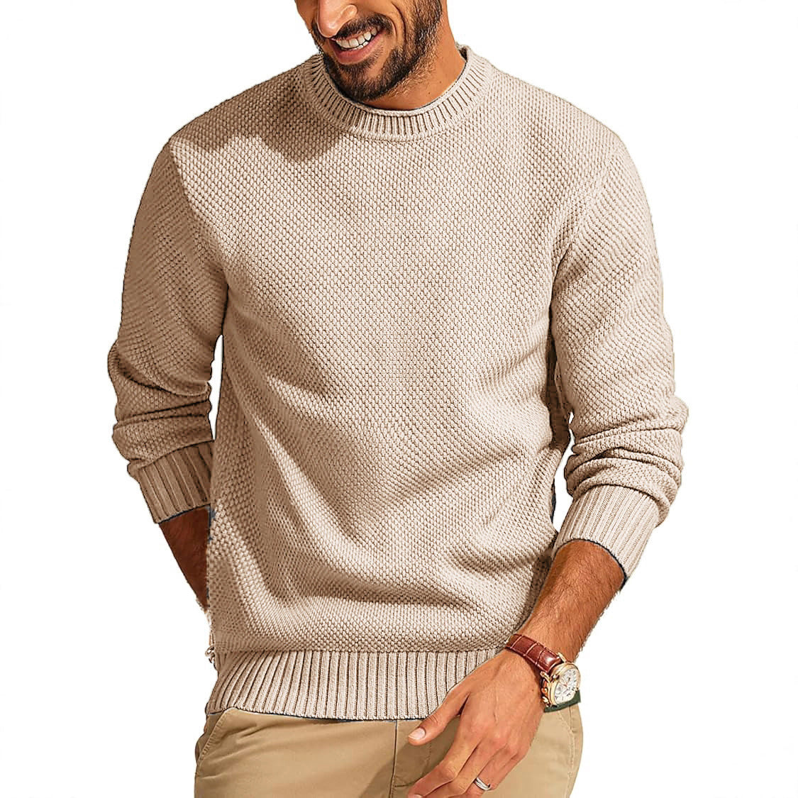 Men's Waffle Knit Sweater with Round Neck Chichicherry