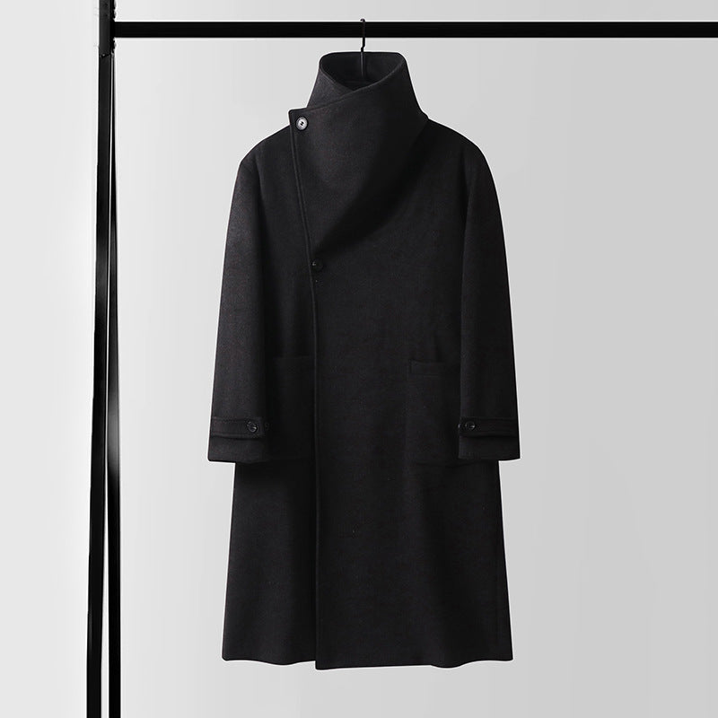 Men's Maxilength Wool Coat with High Stand-up Collar, Asymmetric Button Placket and Tied Belt Chichicherry
