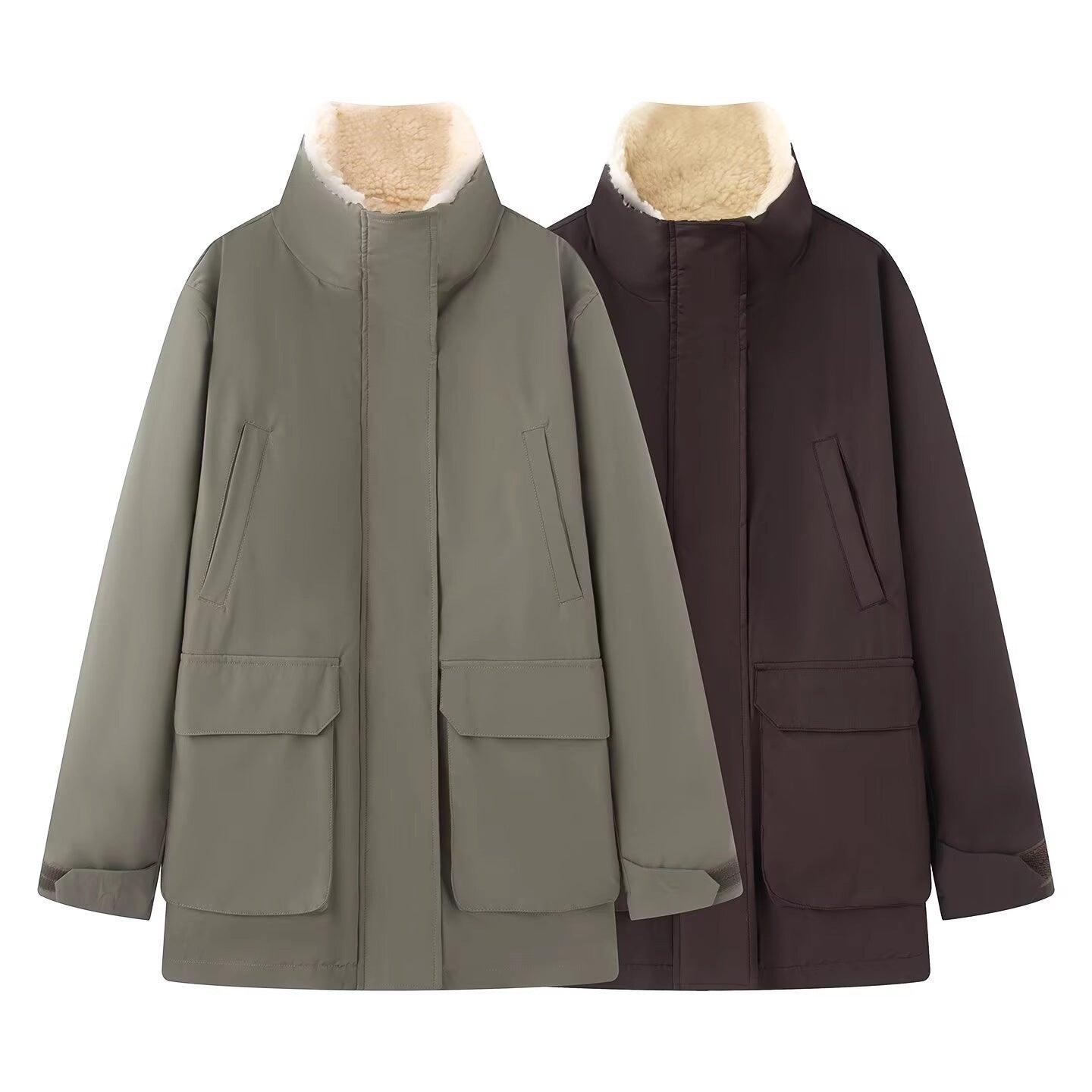 Women's Padded Parka Jacket with High Teddy Collar and Flap Pockets Chichicherry
