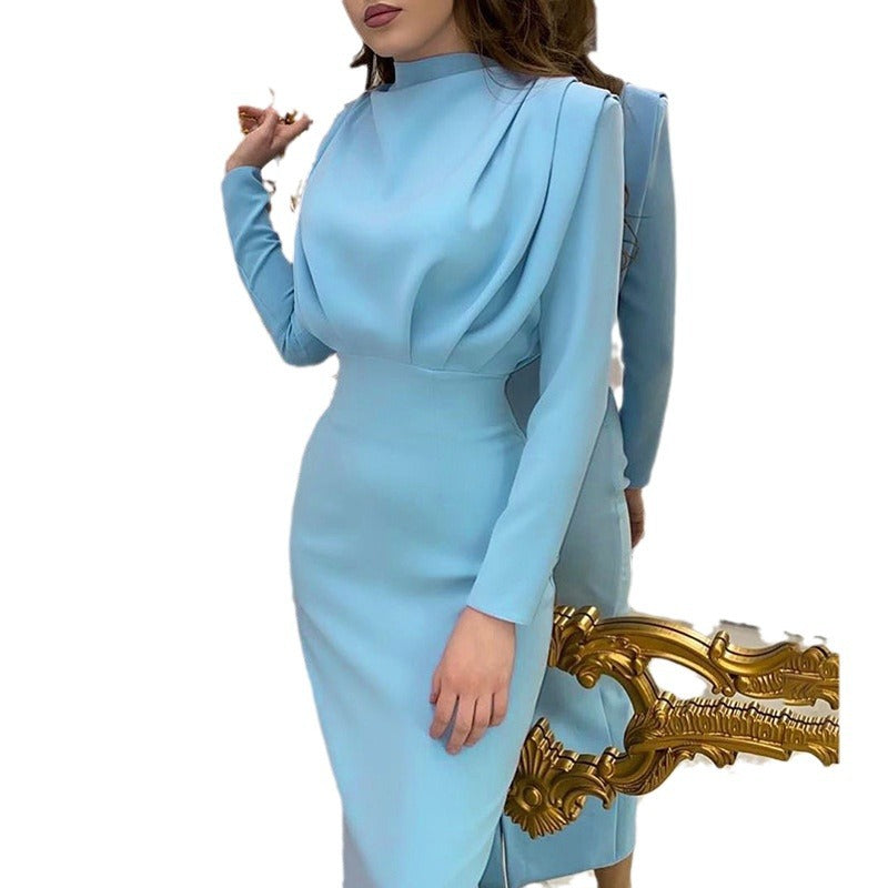 Ladies Tailored Midi Dress with Draping on the Bodice and Stand Collar Chichicherry