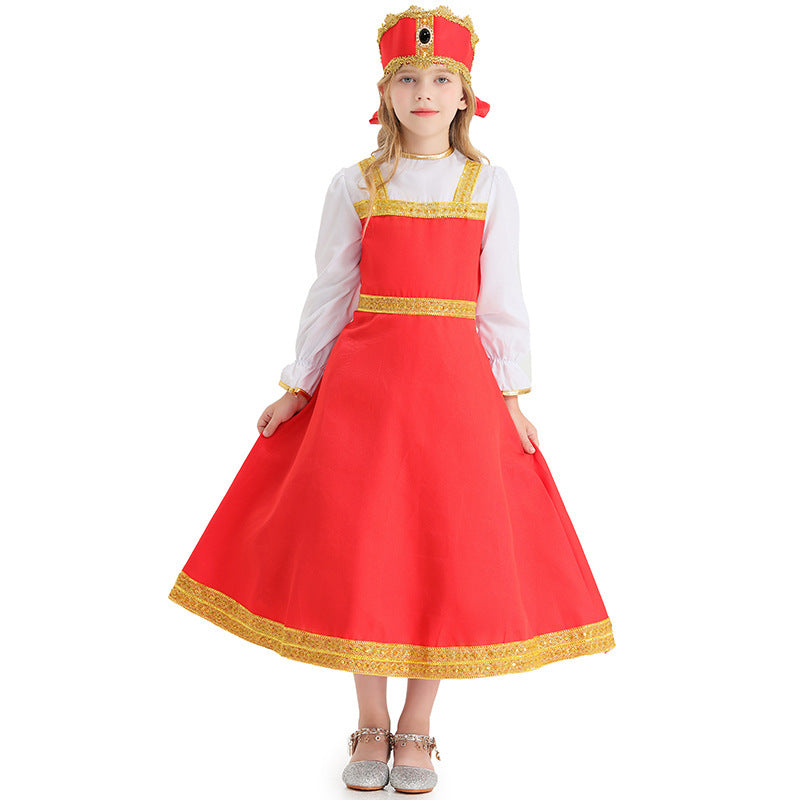 Girl Fairy Tale Costume with Elegant Ruffles and Golden Accents Chichicherry