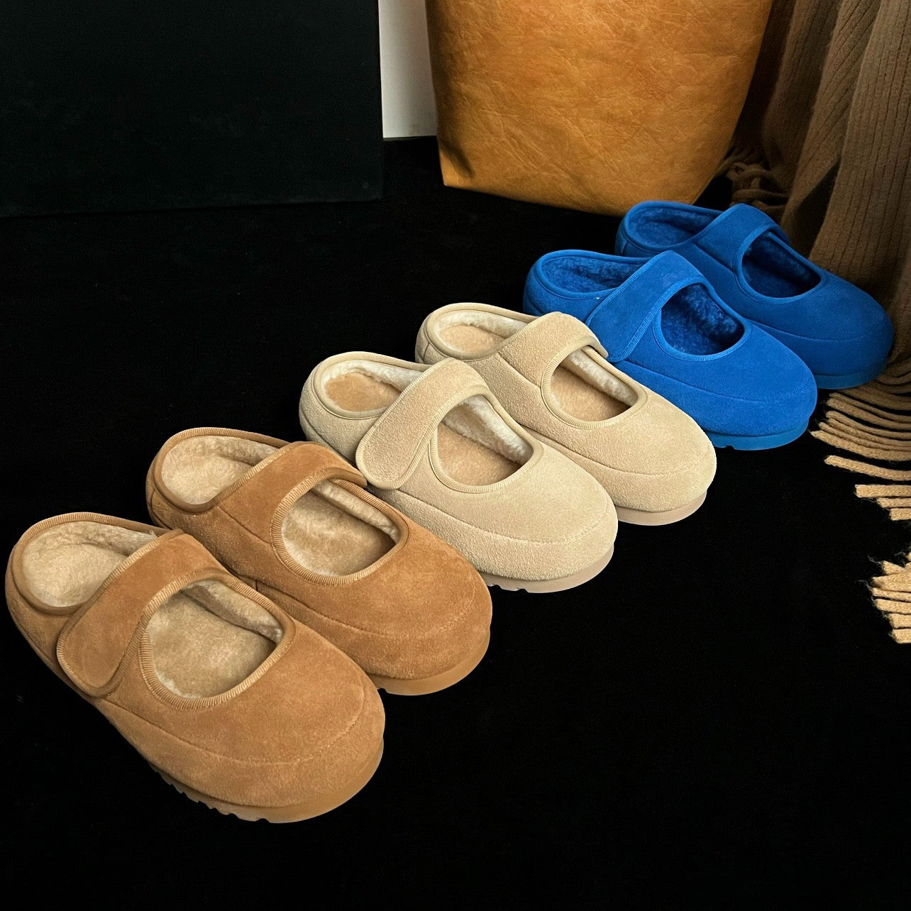Women's Cozy Velour Mary Jane Slippers with Teddy Lining and Velcro Chichicherry