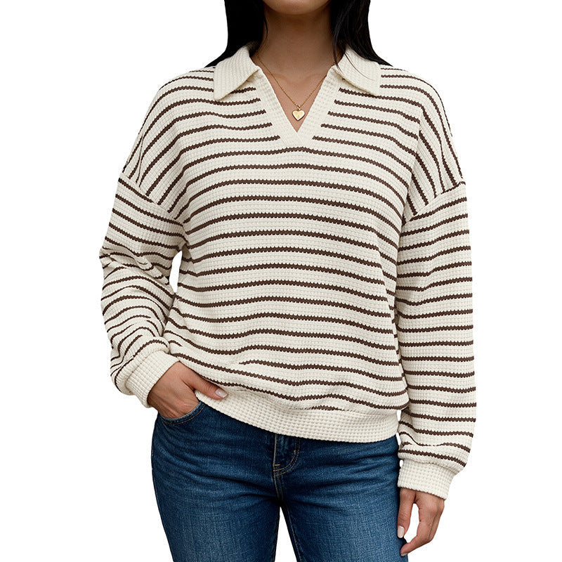 Women's Striped Waffle Knit Sweater with Shirt Collar and V-Neck Chichicherry