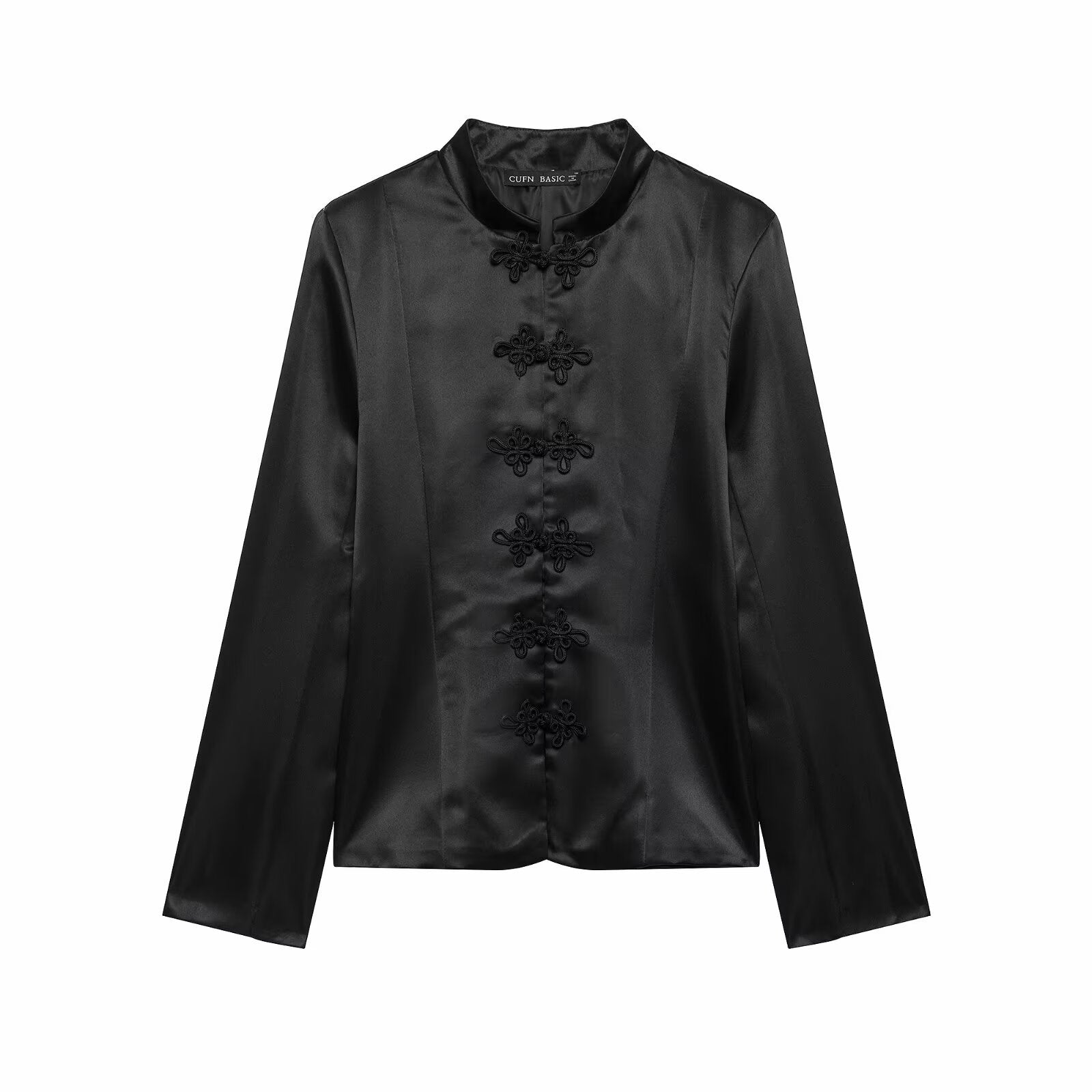 Women's satin jacket in Chinese style with stand-up collar and decorative knot closures Chichicherry