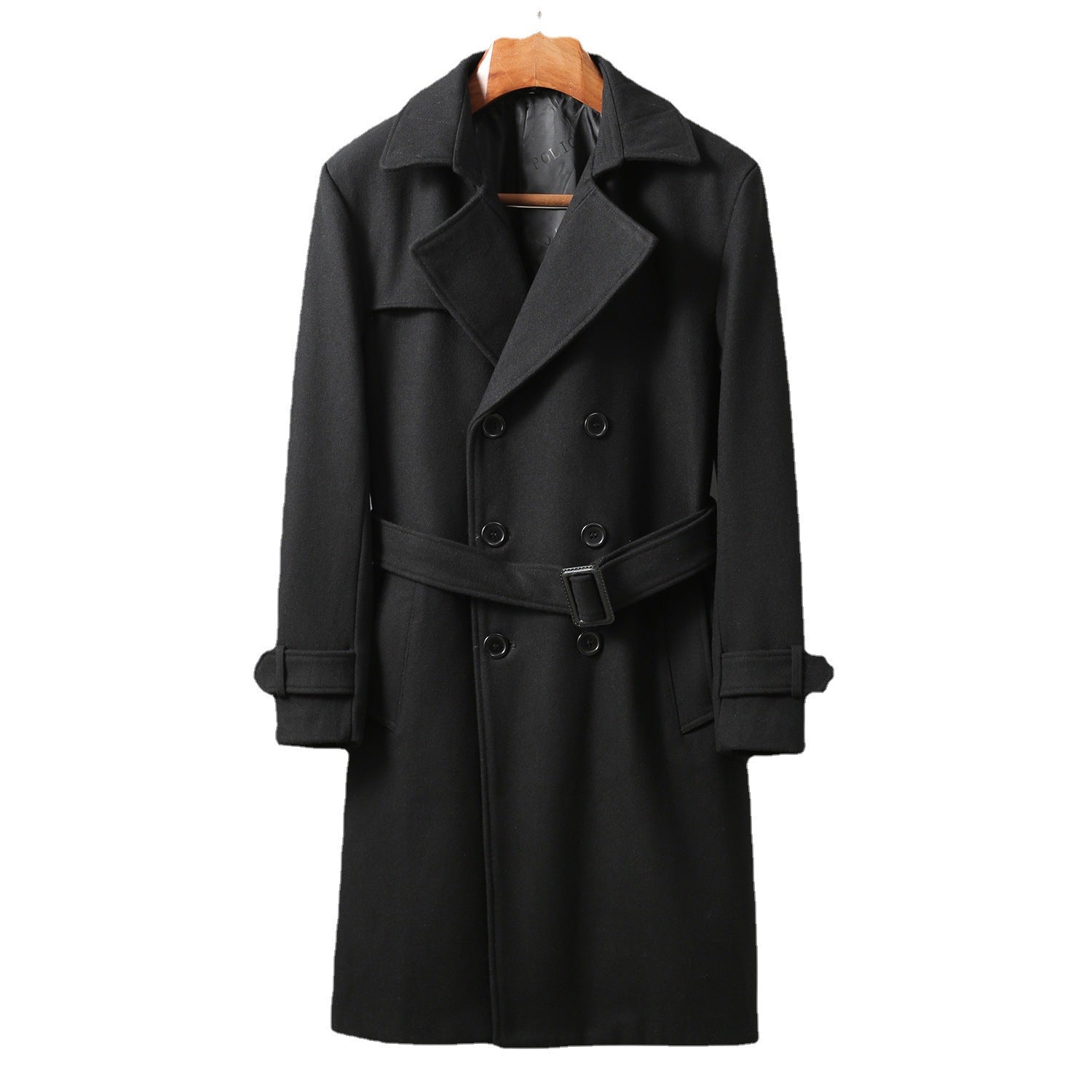 Men's Maxi Long Wool Coat in Trench Look with Double-Breasted Button Placket and Tie Belt Chichicherry