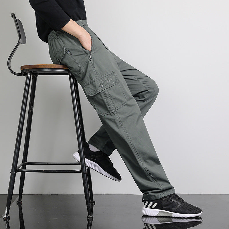 Men's Loose Cargo Pants with Elastic Waistband, Multi-Pockets & Straight Leg Chichicherry