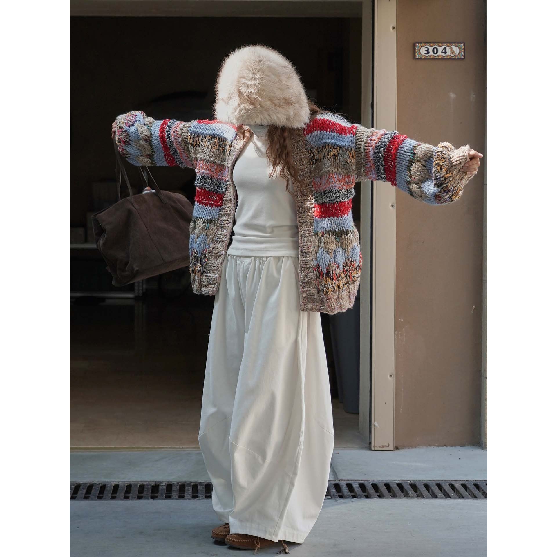 Women's chunky knit oversized cardigan with colorful block stripes and voluminous sleeves Chichicherry