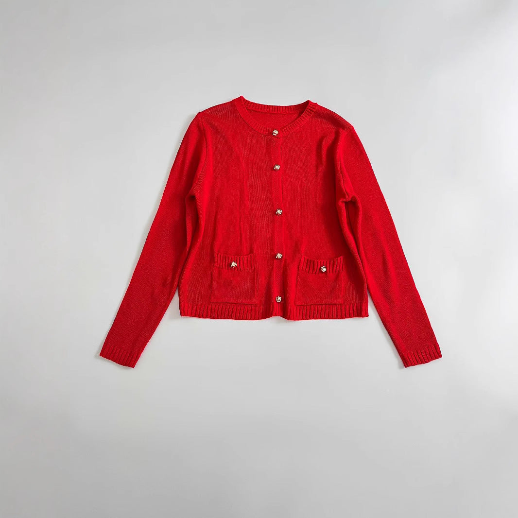Women Fine Knit Cardigan with Decorative Buttons, Round Neckline and Patch Pockets Chichicherry