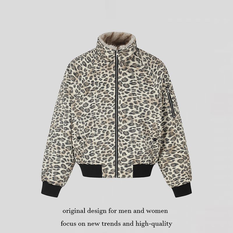 Women quilted bomber jacket with faux fur stand-up collar, all-over leopard print and ribbed cuffs Chichicherry
