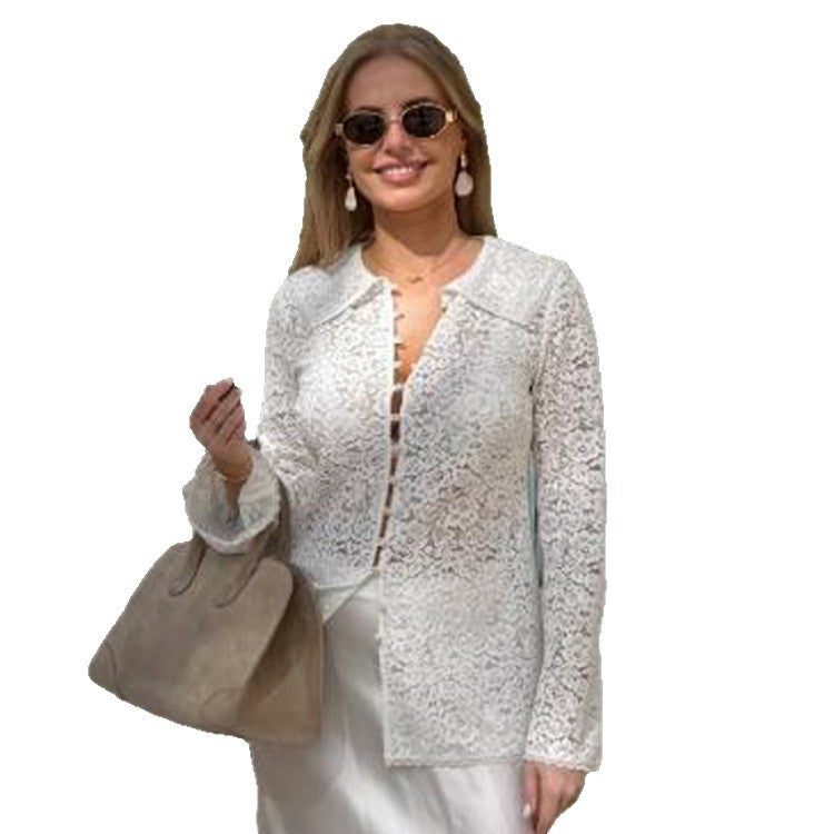 Women's lace blouse with floral lace, shirt collar and fabric ball button placket Chichicherry