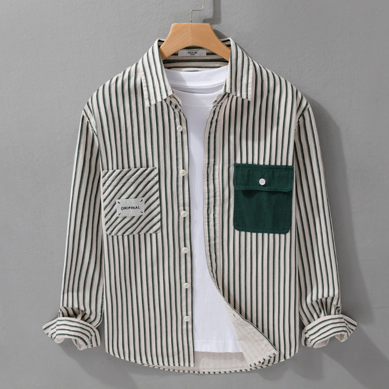 Men Striped Overshirt with Contrast Chest Pockets and Kent Collar made of Cotton Blend Chichicherry