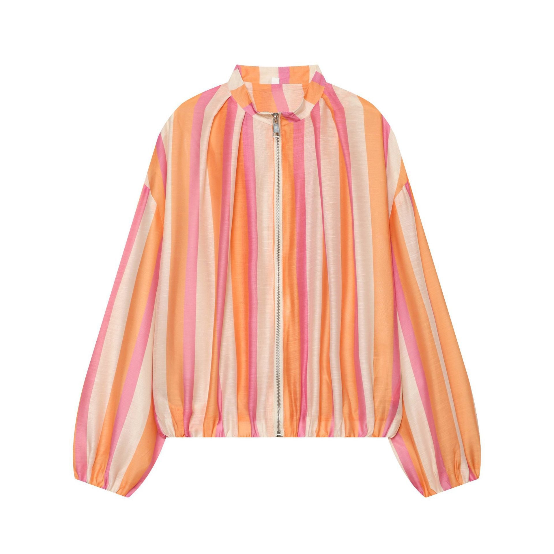 Women's Striped Cropped Bomber Jacket with High Stand Collar, Balloon Sleeves and Zipper Chichicherry