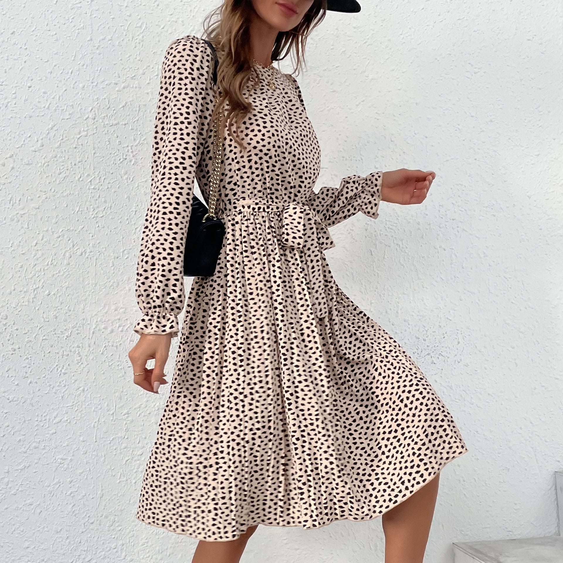 Women Elegant Pleated Midi Dress with Waist Sash, Ruffled Puff Sleeves and A-Line Skirt