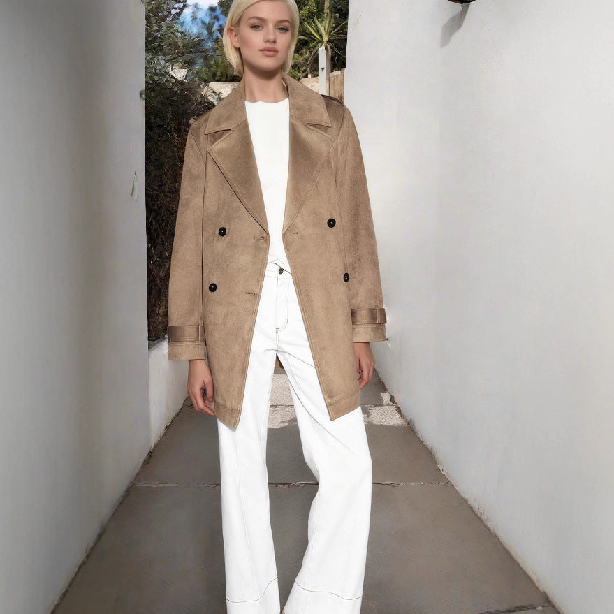 Women's Double Breasted Suede Effect Trench Coat with Waist Belt Chichicherry