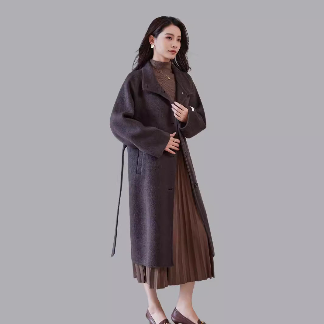 Women's Oversized Wool Coat with Stand-up Collar and Waist Belt Chichicherry