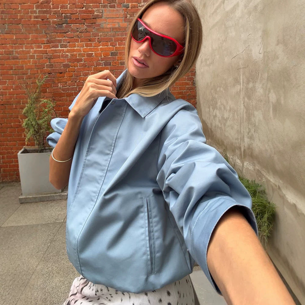 Women's Light Cropped Field Blouson Jacket with Concealed Snap Placket and Boxy Silhouette Chichicherry