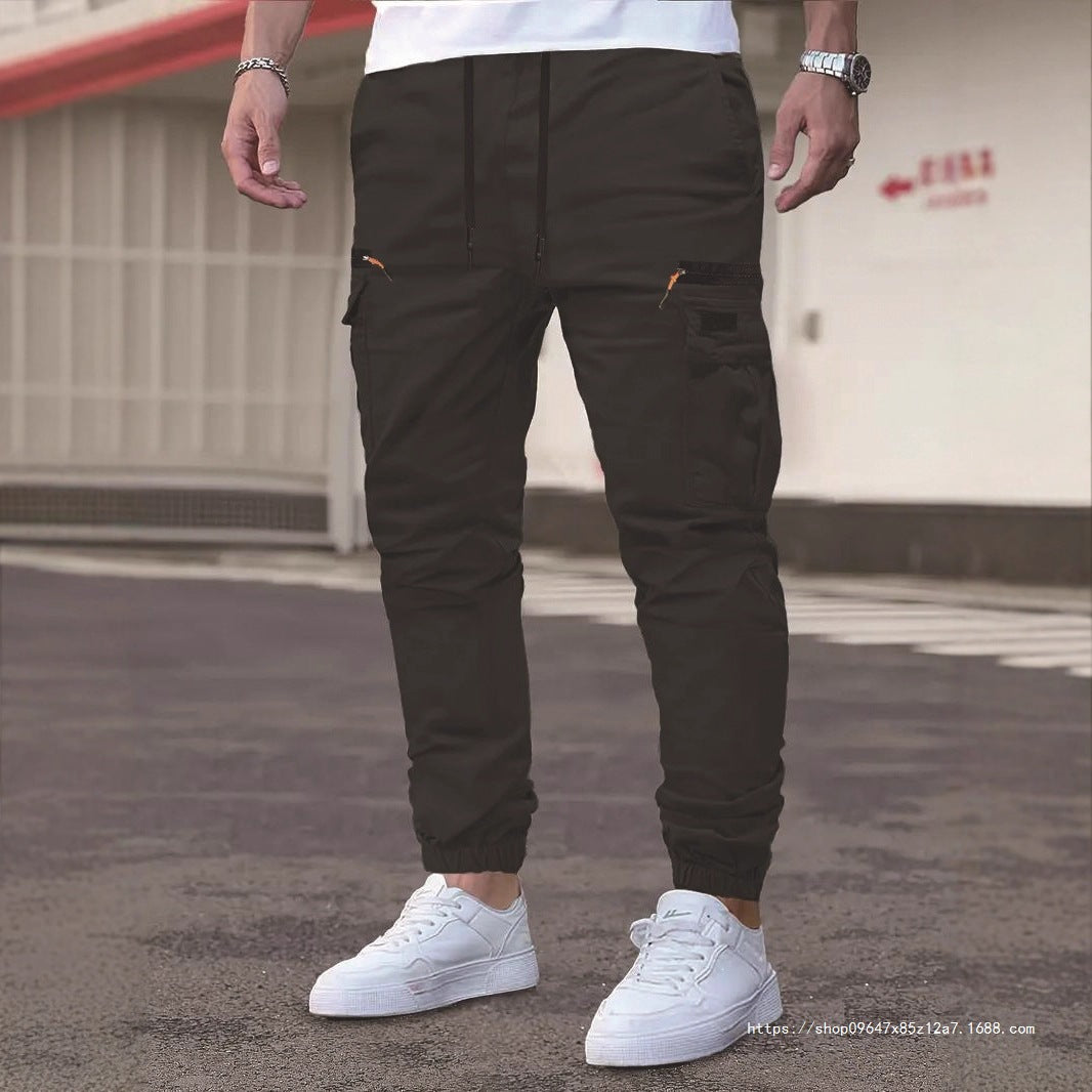 Men's Tapered Cargo Joggers with Drawstring Waist, Zipper Pockets & Elastic Cuffs Chichicherry