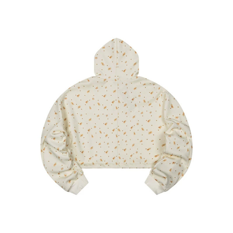 Women's Cropped Hoodie Sweatshirt with Allover Floral Print, Chest Pocket and Ruffled Hem Chichicherry