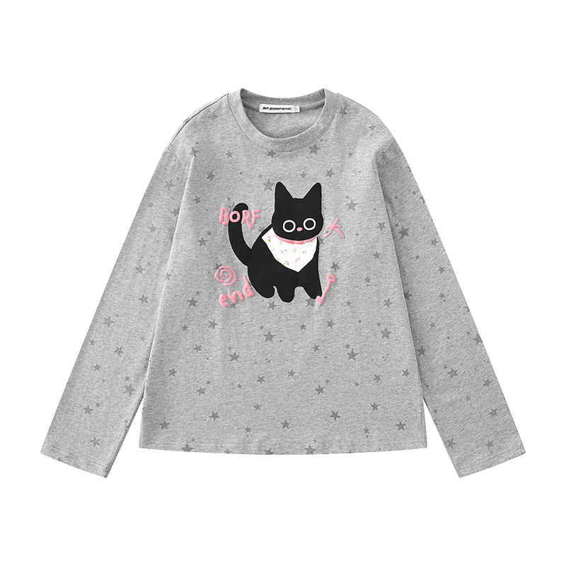 Women's Relaxed-Fit Long Sleeve with Cartoon Cat Motif and Tonal Star Pattern Chichicherry