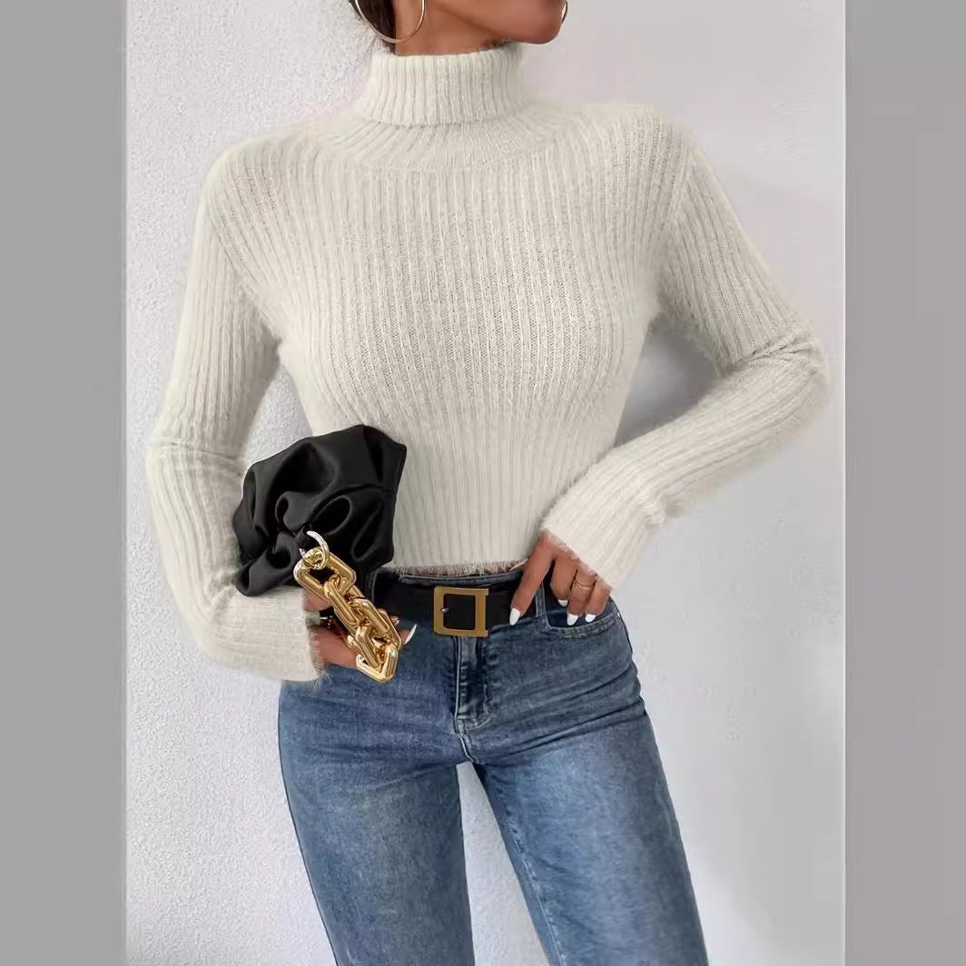 Women's Short Ribbed Turtleneck Sweater with Fluffy Mohair Look Chichicherry