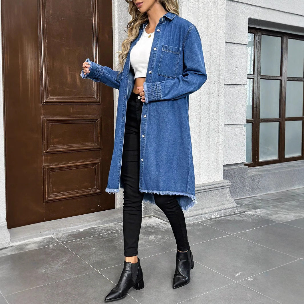 Women's Oversize Denim Shirt Jacket in Longline Cut with Frayed Hem Chichicherry