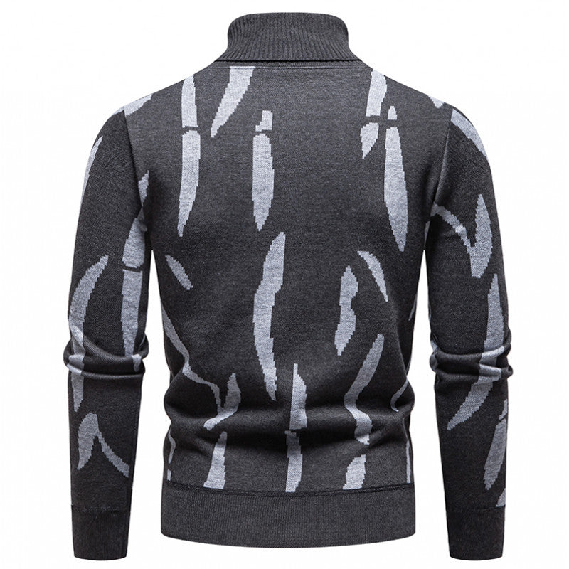 Men's Structured Turtleneck Sweater with Abstract Jacquard Pattern and Ribbed Trims Chichicherry