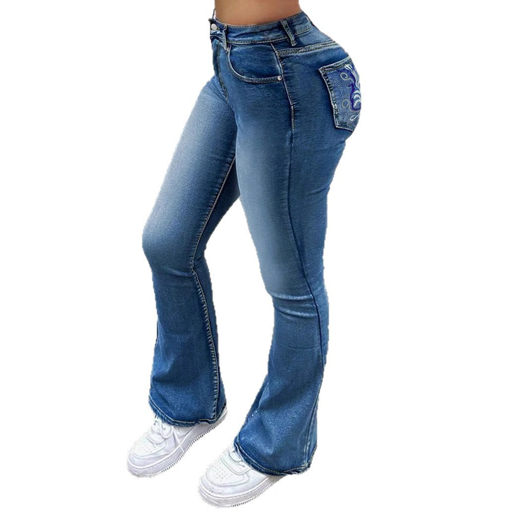 Women High-waisted Shaping Bootcut Jeans with Light Used Wash Chichicherry