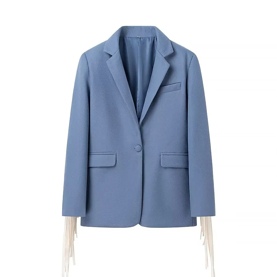 Women Oversize Blazer with Long Fringes and Decorative Seams Chichicherry