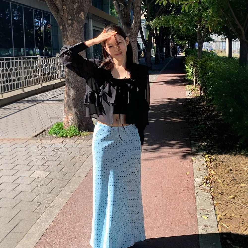 Women's satin midi skirt with polka dot print, tailored fit & flowing bias silhouette Chichicherry