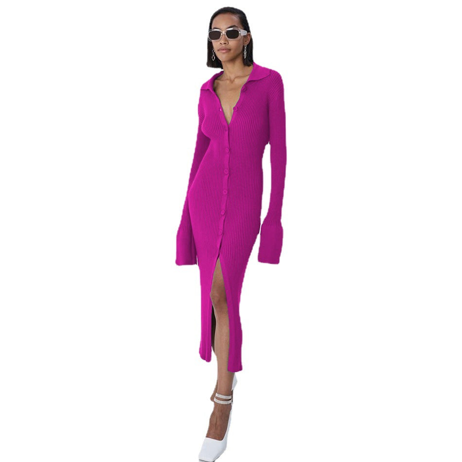 Damen Figurbetontes Rippenstrick-Knopfkleid mit Polokragen Drune