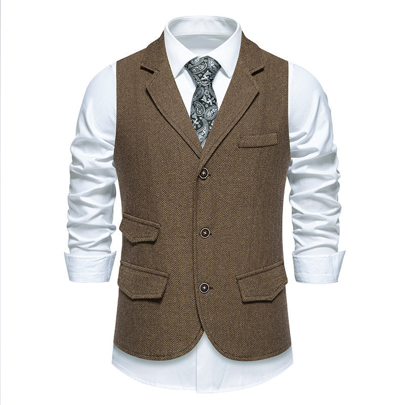 Men's tweed vest with herringbone structure, lapel collar and flap pockets Chichicherry