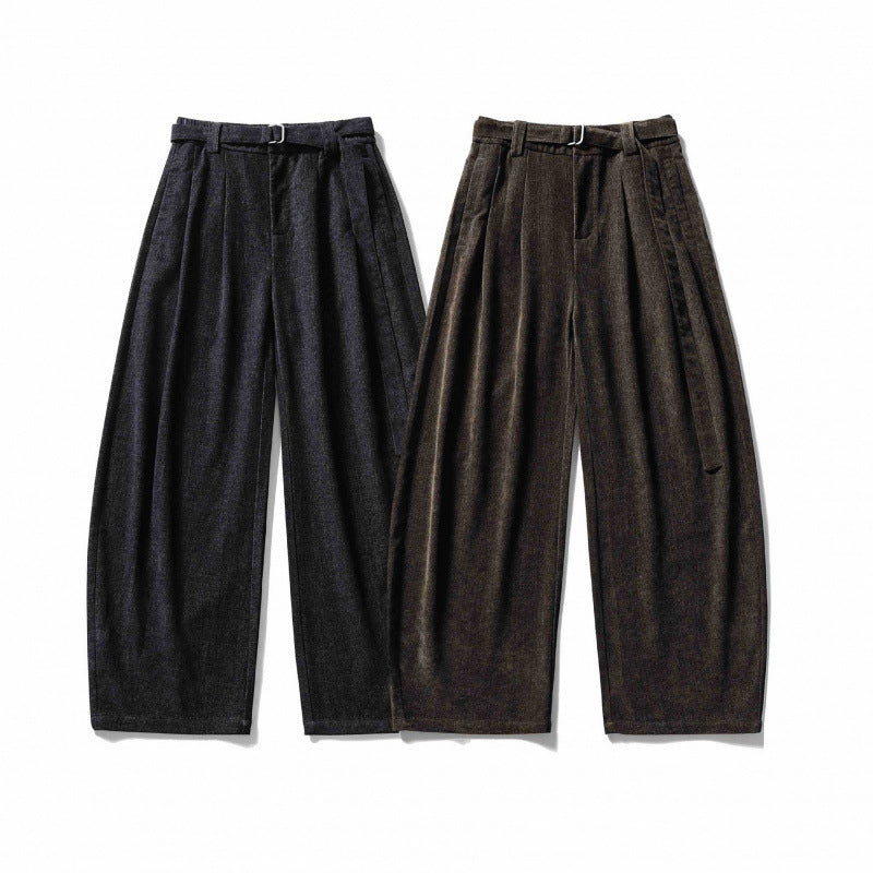 Women's Wide High Waist Pants with Pleats, Balloon Silhouette and Fabric Belt Chichicherry