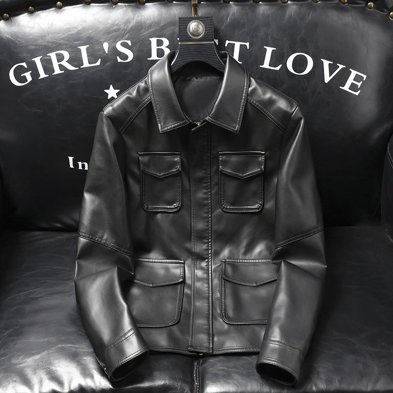 Men's smooth artificial leather field jacket with four patch pockets Chichicherry