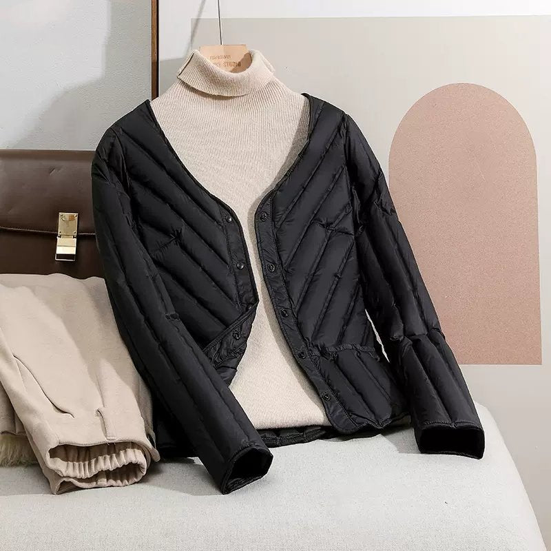 Women's Ultra-light Quilted Cardigan Jacket with V-neck and Snap Button Closure Chichicherry