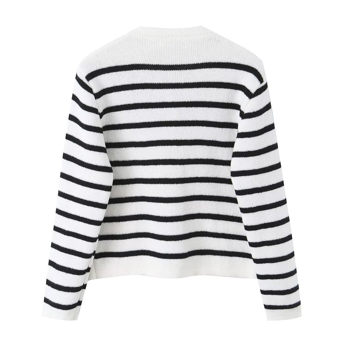 Women Striped Cardigan with Round Neck, Decorative Button Placket and Patch Pockets Chichicherry