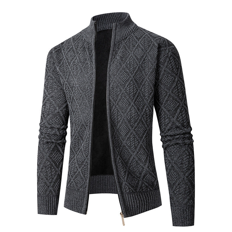 Men's knit zip jacket with diamond jacquard, standing collar and two-way zipper Chichicherry
