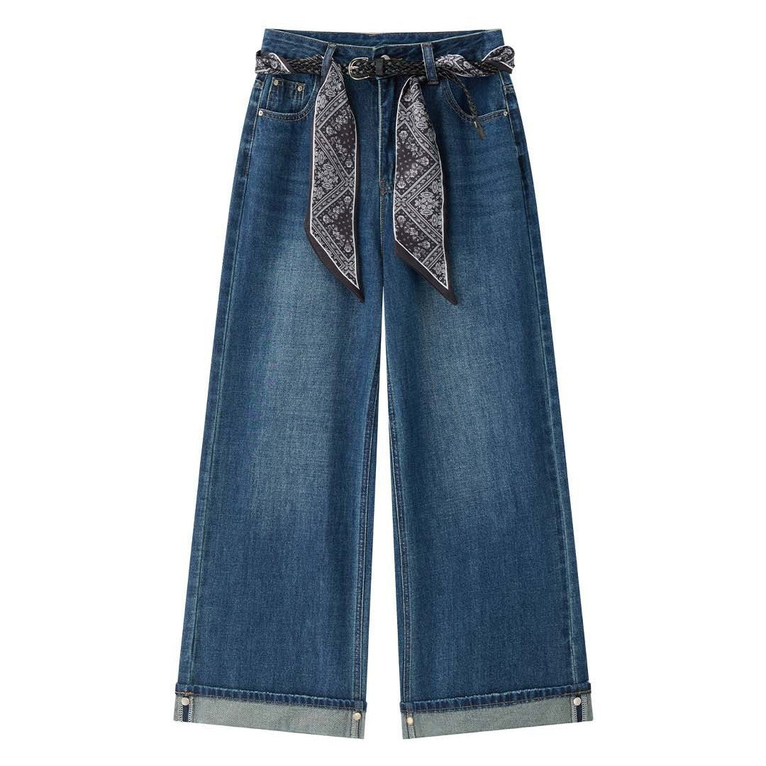 Women Extra Wide Denim Baggy Pants with Deep Crotch, Rolled Hem and Palazzo Fall Chichicherry