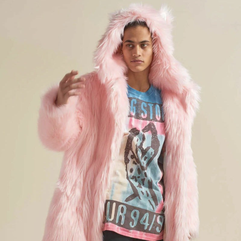 Women's Longer Hooded Faux Fur Coat with Animal Ears and Fluffy High Pile Chichicherry
