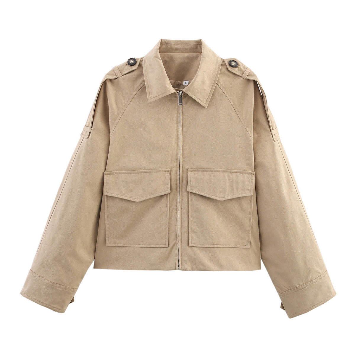 Women's Short Cut Utility Jacket in Military Look with Flap Pockets, Epaulettes and Zipper Chichicherry
