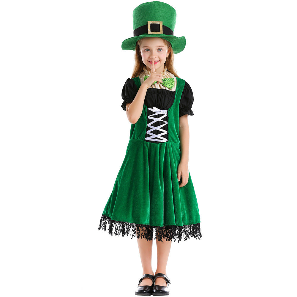 Girl Leprechaun Costume with Green Hat and Fringe Chichicherry