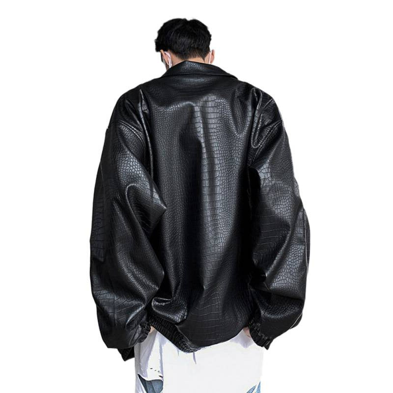 Herren Oversized Kunstlederjacke mit Krokodilprägung und Kontrastpaspel Chichicherry