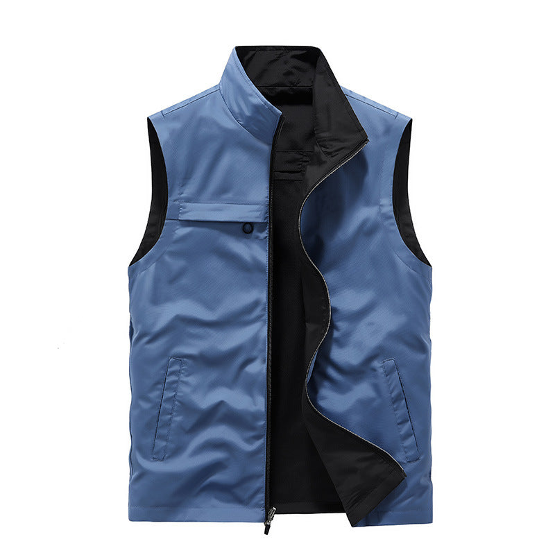 Men's Sleeveless Softshell Utility Vest with High Stand Collar, Two-Way Zipper and Concealed Pockets