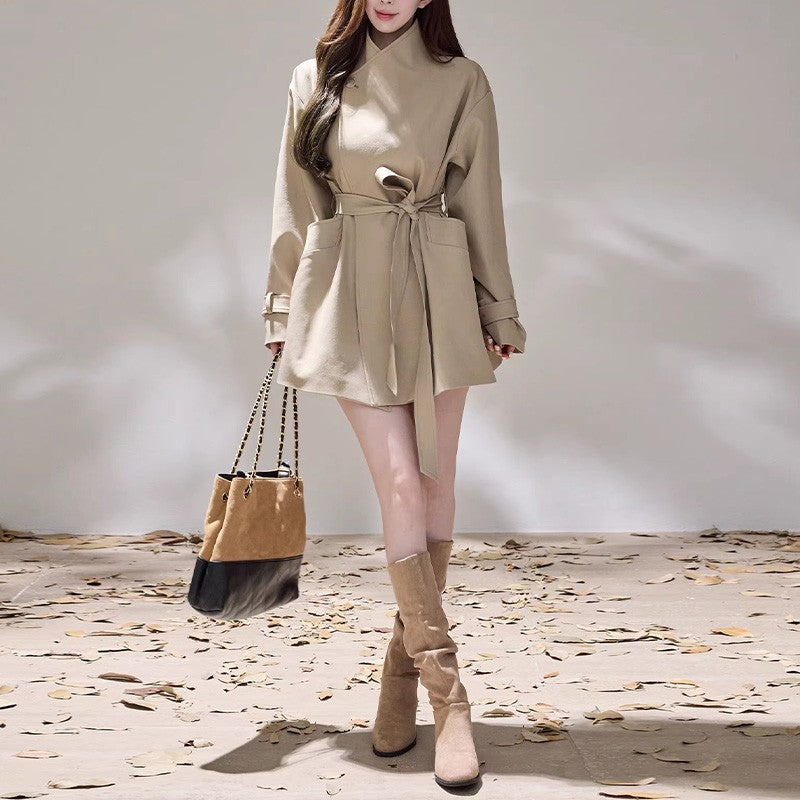 Women Short Wrap Coat Dress with Waist Belt and Casual A-Line Chichicherry