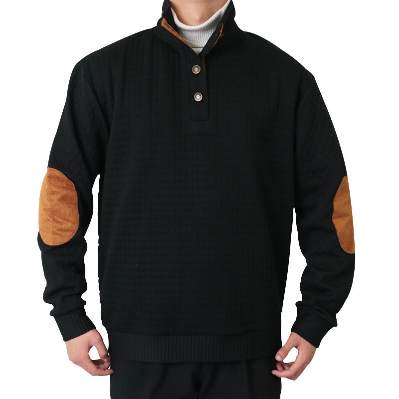 Men's waffle knit half-zip sweater with stand-up collar, leather accents, and elbow patches Chichicherry