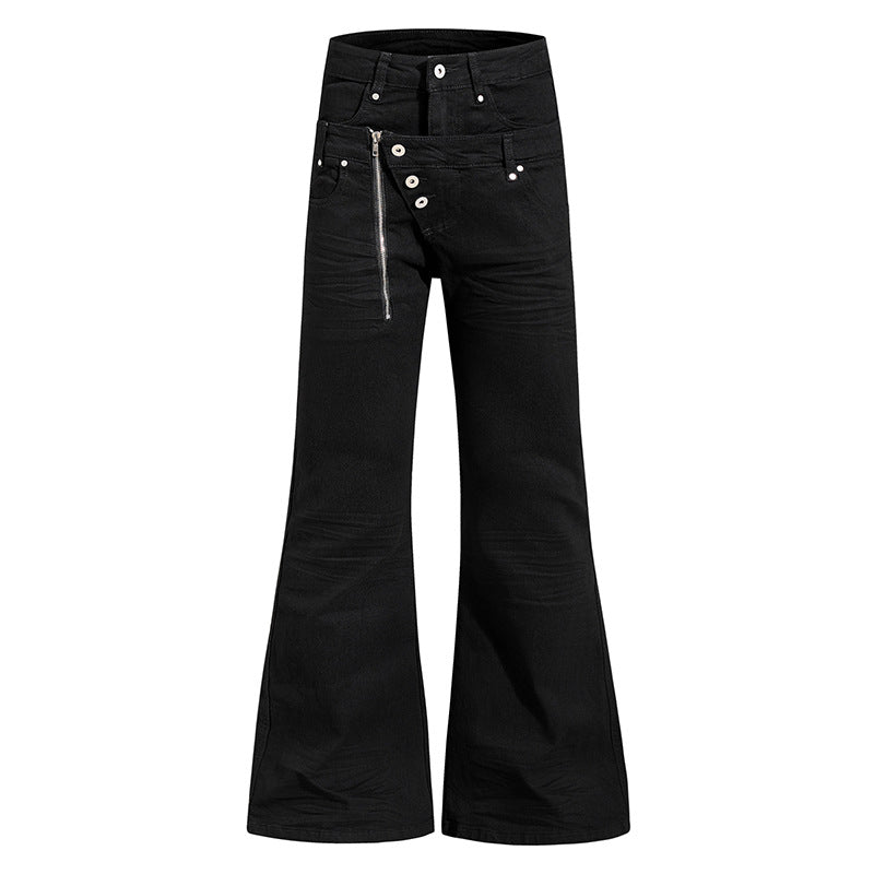 Women's Wide Flared Jeans with Asymmetrical Zipper and Button Closure Chichicherry