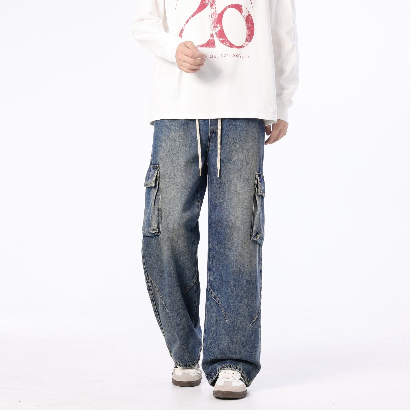 Men's Loose Cargo Denim Pants with Drawstring, Used Wash and Oversized Fit Chichicherry