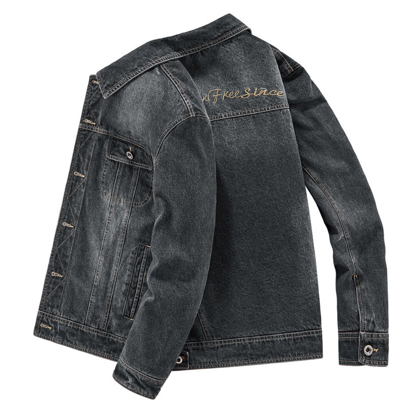 Men's washed denim work jacket with printed lining and chest flap pockets Chichicherry