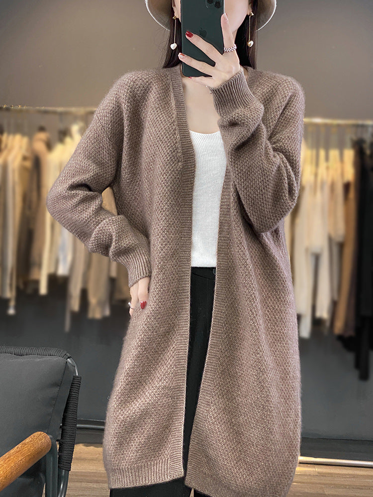 Ladies Long Open Knit Cardigan with Seed Pattern and Ribbed Finishes Chichicherry