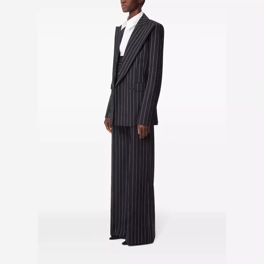 Women Oversize Pinstripe Two-Piece Tailoring Suit with Wide High-Waist Trouser Leg Chichicherry